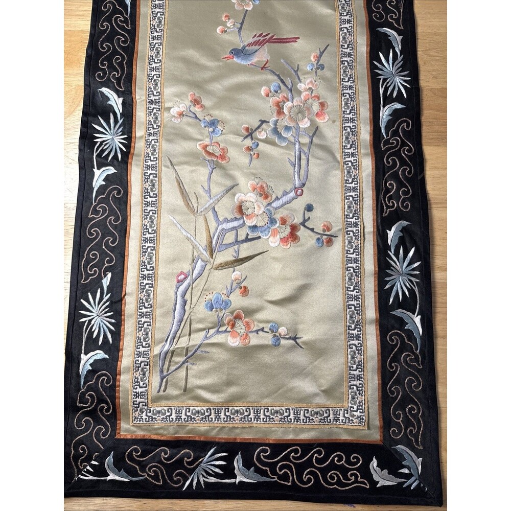 Vintage Asian Silk Hand Embroidered Tapestry Floral Bird Design 13”x26” - Picture 3 of 16